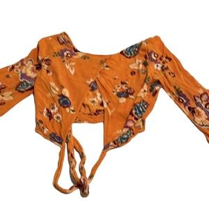 Patrons of Peace size small orange print cropped bell sleeve open wrap back